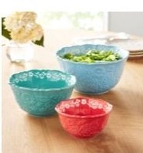 lot 35256 image: The Pioneer Woman 3pc Embossed Stoneware Serve Bowl Set (Missing one Piece)