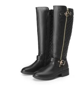 lot 35281 image: Womens Wide Calf, Low Heel, Knee High, Side Zip Motorcycle Riding Boots Black Size 8