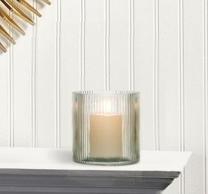 lot 35285 image: Better Homes & Gardens Green Glass Ribbed Hurricane Candle Holder, 5, Medium, Living Room