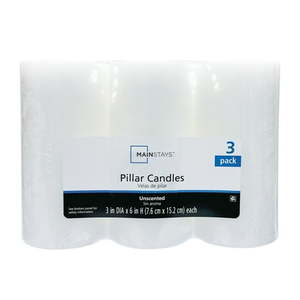 lot 35288 image: Mainstays Unscented Pillar Candles  3-Pack  3x6 Inches White