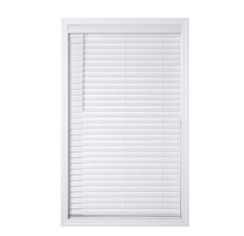 lot 30481 image: Pack of 2 ,Better Homes & Gardens 2-Inch Cordless Faux Wood Horizontal Blinds, White, 27 Inch Width x 48 Inch Length - Retail $54