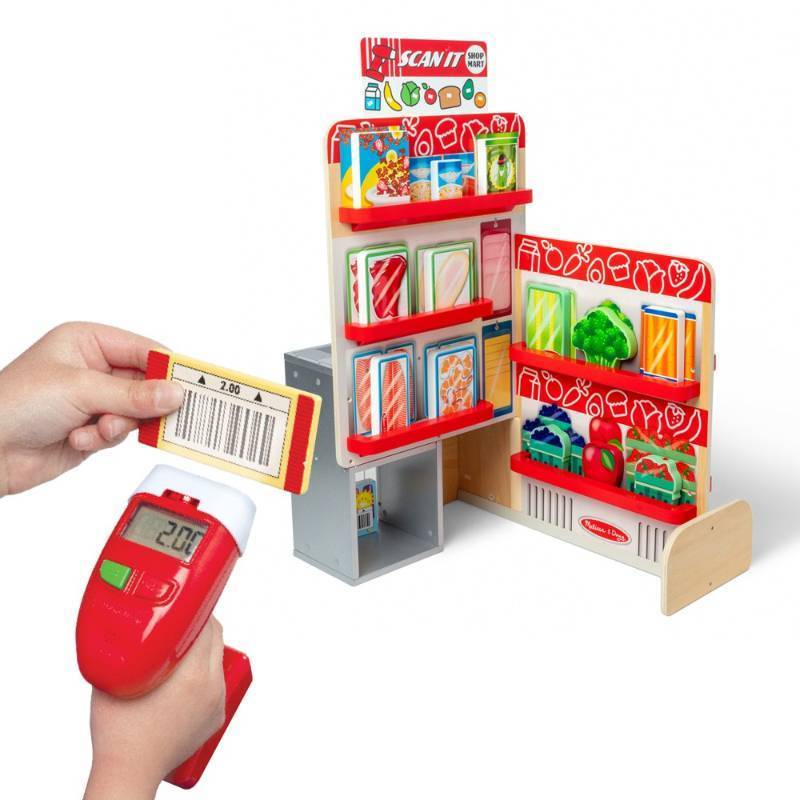 lot 30502 image: Melissa & Doug Wooden Scan It Shop Mart Play Set With Electronic Scanner And Wooden Play Food To Scan Toy Kitchen with Creative Accessories - Retail $86