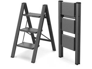 lot 15790 image: WOA WOA Step Ladder, Portable Lightweight Home Ladder, Folding Step Stool with Widening Pedals, Kitchen Stepladder, Space Save, Easy to Store, 300 lbs Capacity (3 Step, Black) - Retail $50