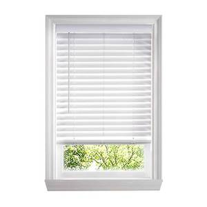 lot 15794 image: White Cordless Faux Wood Blinds for Windows with 2 in. Slats - 36.5 in. W x 36 in. L (Actual Size 36 in. W x 36 in. L) - Retail $55