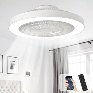 lot 15798 image: Depuley Modern Ceiling Fan with Light 19 Bladeless Flush Mount Low Profile LED Ceiling Fans with Remote & Smart APP Control - White Enclosed Fandelier Dimmable Quiet DC Motor for Bedroom Kids Room - Retail $70