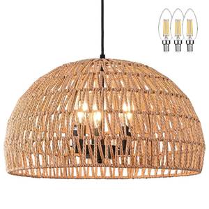 lot 15803 image: Ayshwilldec 17.6 inch Hemp Rope Woven Pendant Light Wicker Pendant Light 3-light Rattan Light Fixture Boho Chandelier Farmhouse Chandelier Dome Pendants Light for Dining Room Bedroom Kitchen (Bulb Included) - Retail $130