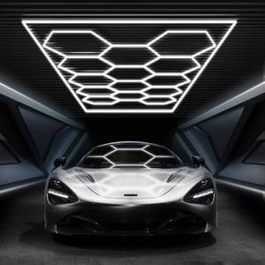 FERUERW Hexagon Garage Lights with Rectangle Frame, High Brightness 672W 86400LM 6500K, 14 Hex Grid for Garage, Shop, Basement, Car Detailing Shop etc. with Mounting Clip - Retail: $140