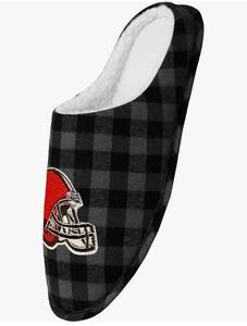 lot 33339 image: FOCO MensNFL Sherpa Lined Buffalo Check Memory Foam Slippers Cleveland Browns Mens Size 11-12