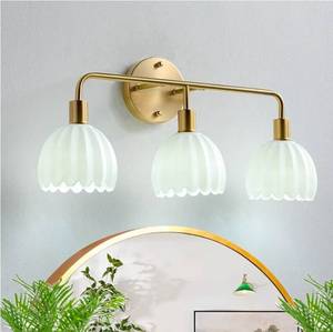 lot 34555 image: vivihobb Brushed Gold 3-Light Vanlity Light Over Mirror,Wall Sconces,Gold Brass Bathroom Light Fixture with White Glass Flower Shade,E26 Socket(Bulbs Not Included) -