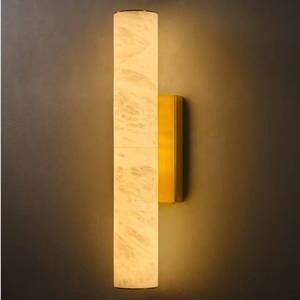 BLESULUK Natural Alabaster Brass Wall Sconce - Luxury Modern Spanish Stone Sconces - Brushed Gold Indoor Lighting Fixture with Dimmable LED Strip - Vanity Light Decor for Living Room Bedroom Bathroom Hallway - Retail: $259