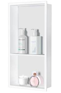 lot 34583 image: Neodrain White Shower Niche Insert Tile Ready, Stainless Steel Wall Niche 25X13(Inner Size 24X12), Two-Tier Bathroom recessed Shower Cabinet, NO Tile Needed for Shower Wall