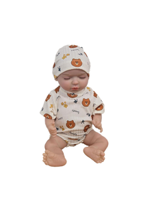 lot 34584 image: Realistic Laughing Baby Doll with Bear Print Outfit and Hat
