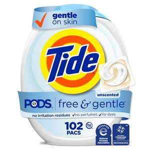 lot 35325 image: Tide PODS Free and Gentle Liquid Laundry Detergent Pacs  Hypoallergenic  Unscented  102 Count