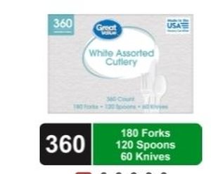lot 35361 image: Great Value Disposable Plastic Cutlery Set  White  360 Count Includes 180F120S60K - Retail $15