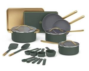 Beautiful 19-Piece Ceramic Nonstick Cookware Set with Pots and Pans, Bakeware, and Kitchen Tools, Thyme Green by Drew - Retail: $150