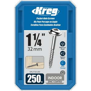 lot 15836 image: Kreg Zinc Pocket Screws Fine Thread  Maxi-Loc Head, #7 1.25 (250 Count)