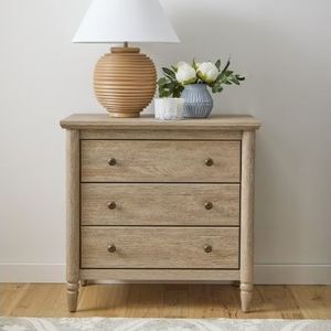 lot 35367 image: My Texas House Monroe 3 Drawer Nightstand with USB, Brushed Oak Finish (Damaged) - Retail $189