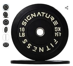 lot 35377 image: Signature Fitness Color Coded 2 Olympic Bumper Plate Weight Plates with Steel Hub - 100% Virgin Rubber, SF-CLR10P