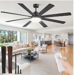 lot 35385 image: 72 Inch Large Ceiling Fan with Remote, IndoorOutdoor Industrial Ceiling Fan with Large LED Panel, Quiet Reversible DC Motor, 6-Speed, 3CCT, Black Ceiling Fans with Light for Patio, Livingroom, Garage - Retail $104