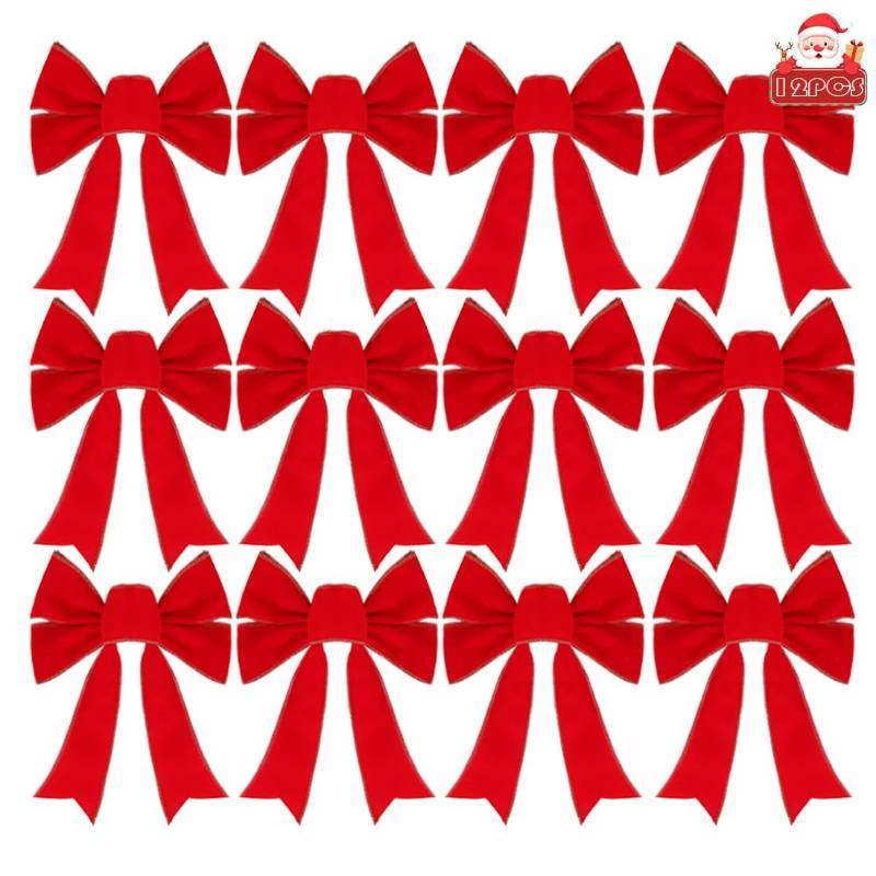 lot 13372 image: Christmas Bows - 12Pcs Christmas Red Velvet Bows 9x13