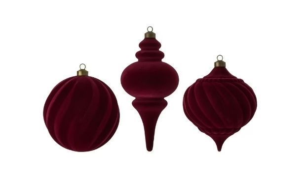lot 14020 image: PACK OF 3-3 Count Red Flocked Christmas Ornaments, by My Texas House