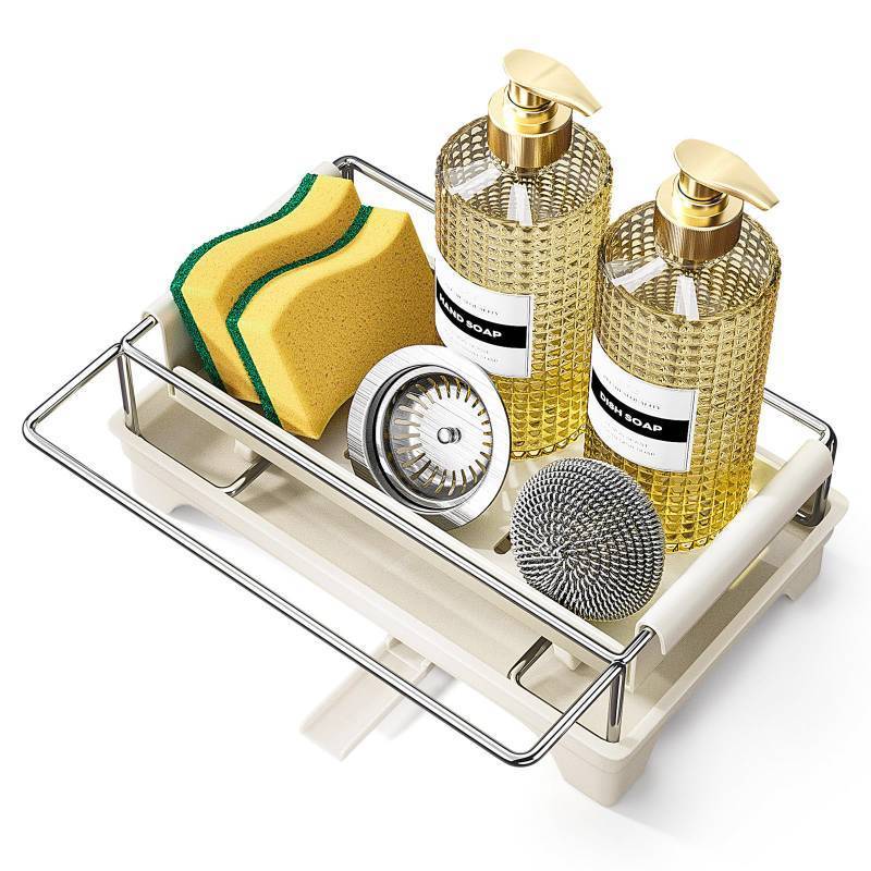 lot 7360 image: Caumic Sink Caddy Sponge Holder for Kitchen, Sink Countertop Organizer with Drip Tray for Storing Soap Dispensers and Kitchen Accessories