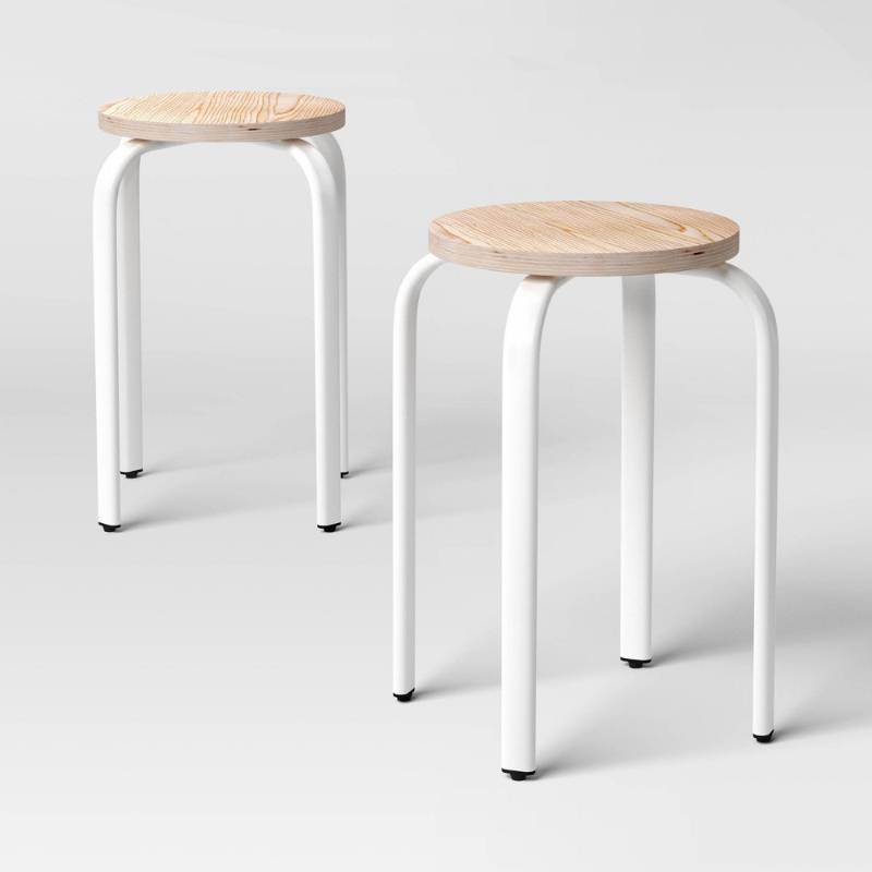 lot 15368 image: Plywood with Metal Base Stacking Stool White - Room Essentials (Set of 2) - Retail $50