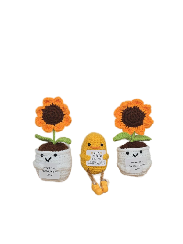 lot 32731 image: Handmade Crochet Sunflower Pots and Duck Set