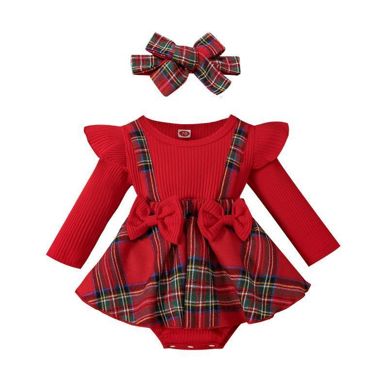 lot 32805 image: Baby Girl Christmas Outfit Long Sleeve, Ruffle, Plaid, Romper, Skirt Set  Size 12-18 Months