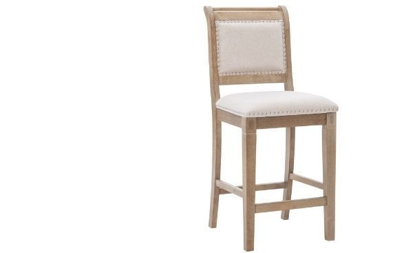 lot 30749 image: 26 Counter Stool, Rustic Graywash with Natural Fabric - Retail $125