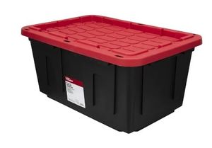 lot 14084 image: Pack of 4-Hyper Tough 27 Gallon Large Storage Bin with Snap Lid, Black and Red, Heavy Duty Plastic Storage Containers