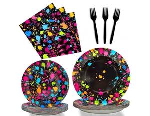 lot 33445 image: Neon Party Supplies for 24 Guests Neon Plates and Napkins Tableware Set Glow Disposable Paper Dinnerware Colorful Graffiti Birthday Party Decoration Favor Birthday Baby Shower Celebration 96 Pieces