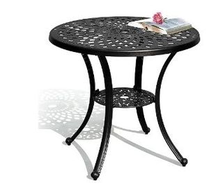 lot 35396 image: 30 Round Patio Dining Table with Umbrella Hole, Antique Cast Aluminum Outdoor Bistro Table for Backyard Garden Patio Porch Black - Retail $71