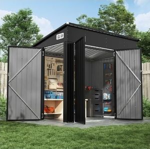 lot 35399 image: BaPiPro 8x4 Lean-to Metal Storage Shed, Outdoor Lockable Shed with Triple Doors & Vents for Garden, Backyard, Patio (SEE DETAILS) - Black - Retail $170