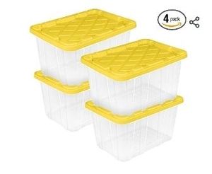 lot 35405 image: Sterilite 4-Pack Industrial Storage Box, Plastic Container Bins wLids, 27 Gallon, Yellow - Heavy-Duty Organizing Containers for Closet, Bathroom, and Office - Retail $80