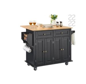 lot 35407 image: VEVOR Kitchen Island Cart, 43 Wood Top Mobile Carts with Storage Cabinet, Rolling Table with Drop Leaf, Spice Rack, Towel Bar, Adjustable Shelf, Drawer, and Hooks, Portable Islands on Wheels, Black (Damage)- Retail $161