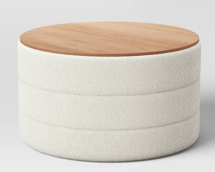 lot 30682 image: Tray Top Upholstered Storage Cocktail Boucle Ottoman CreamWhite - Threshold  (Missing Lid)- Retail $160