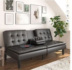 lot 35434 image: Mainstays Memory Foam 71.5 Futon with Cupholder and USB, Black Faux Leather  (See Details)- Retail $220