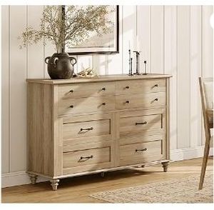 lot 35435 image: WAMPAT 8 Drawers Dresser for Bedroom, Farmhouse Dresser Chest of Drawers, Light Wood Kids Dresser for Closet, Dressers Organizer for Living Room & Hallway, 54 Inch, Oak (Damage pieces)- Retail $325