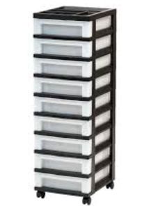 lot 35438 image: IRIS 9-Drawer Narrow Plastic Storage Drawer Cart with Organizer Top, Black  (Missing wheels)