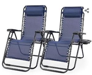 lot 35446 image: 2PC Folding Chaise Lounge, Outdoor Sun Tanning Chairs with Pillow, Zero Gravity Chairs with Reclining Back Cup Holder, Steel Frame & Breathable Mesh for Beach, Yard, Patio, Poolside, Blue - Retail $94