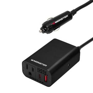 lot 34682 image: Monster 150Watt Power Inverter with Dual Port USB 20W USB-C, QC 3.0 USB-A Car-Powered DC Inverter, 6ft Cord, RedBlack - Retail $42