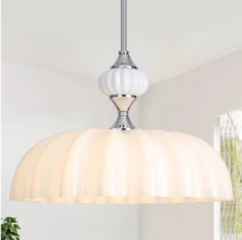 lot 13932 image: 15.7 Inch Vintage Flower Brushed Nickel Chandelier, Adjustable Height Pendant Light with White Milk Glass Shades, Farmhouse Ceiling Light Fixture for Kitchen Island, Dining Room, Bedroom - Retail $85