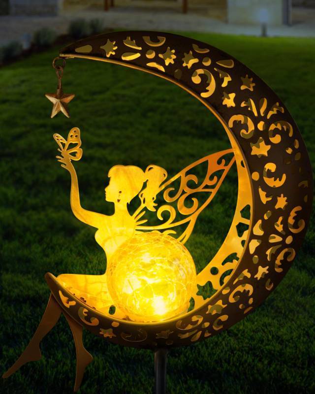 lot 32746 image: Vuees Solar Garden Statues Outdoor Decor, Fairy Moon Figurine Light Stake