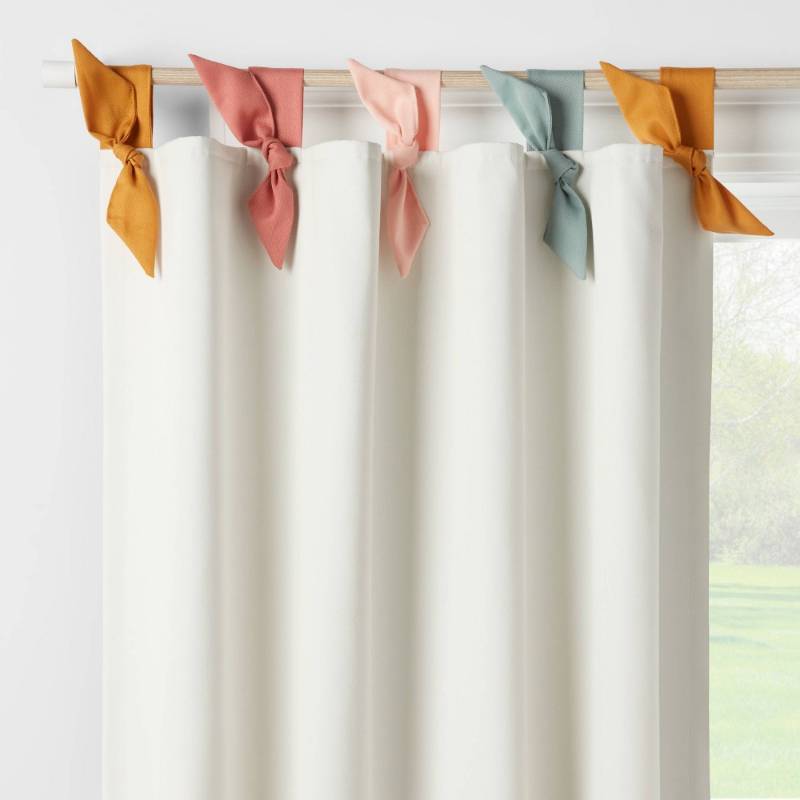 lot 15419 image: Tie Top Embellished Kids Blackout Window Curtain Panel with Ties White - Pillowfort  (42W x 84L)