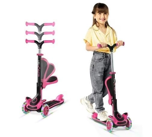lot 6986 image: Kids Scooter Foldable Seat LED Wheel Lights Illuminate When Rolling Children and Toddler 3 Wheel Kick Scooter -Pink (MISSING HANDLE)