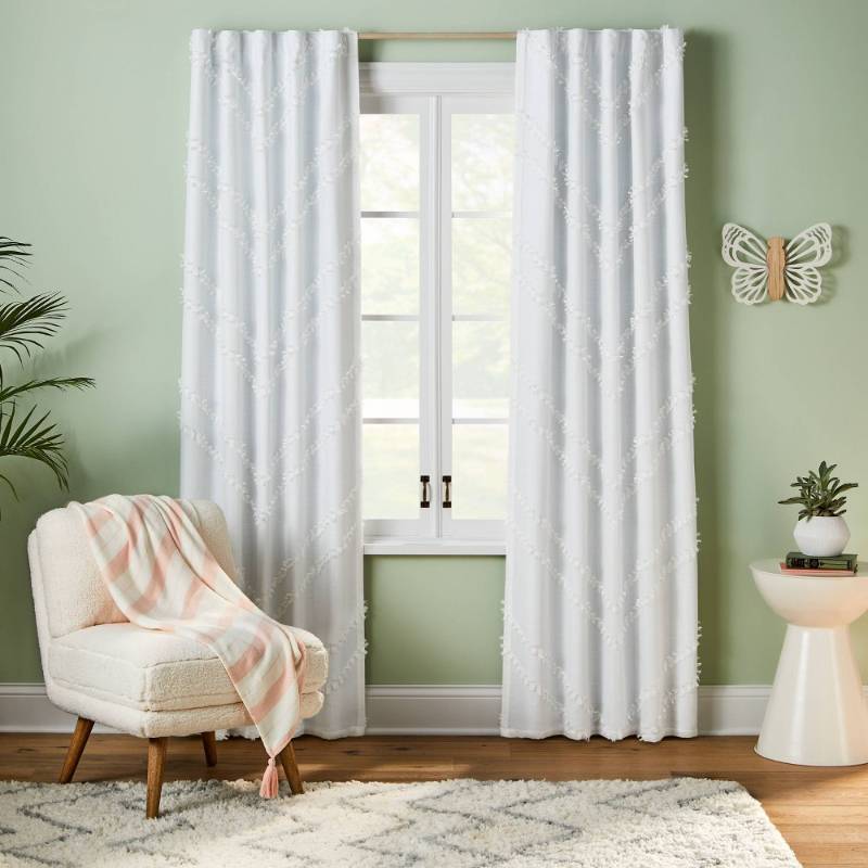 lot 15435 image: Chevron Clip Dotted Sheer Overlay Kids Blackout Window Curtain Panel White - Pillowfort  (42W x 84L)