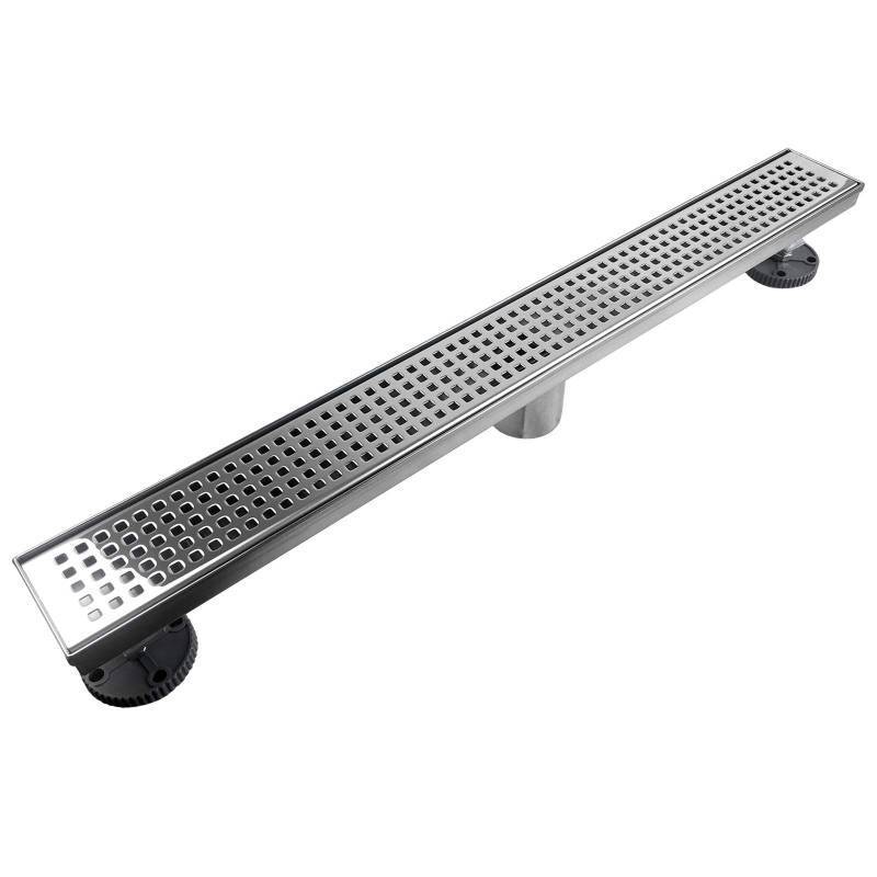 lot 15453 image: Neodrain Chrome 24-Inch Linear Shower Drain with Removable Quadrato Pattern Grate, Polished 304 Stainless Steel Rectangular Shower Floor Drain,with Leveling Feet, Hair Strainer