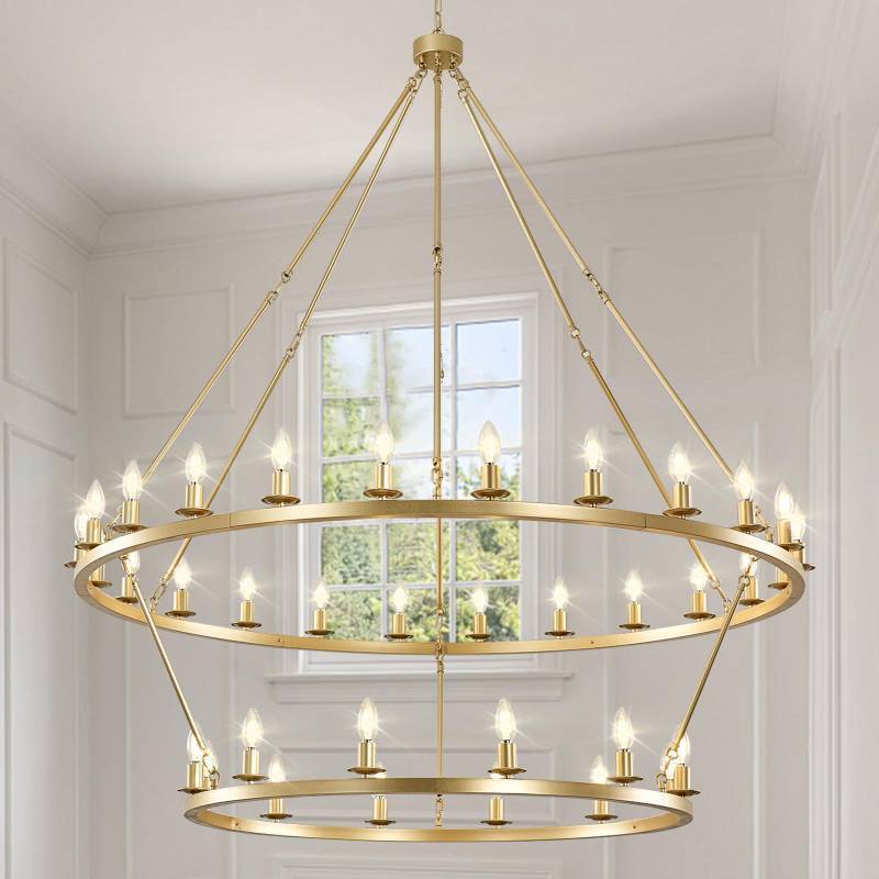 lot 15454 image: HermnJakk Gold Wagon Wheel Chandelier 2 Tier 53-Inch 36-Light, Extra Large Round Rustic Farmhouse Chandelier Metal Circle Chandeliers for Dining Room Living Room High Ceilings - Retail $699