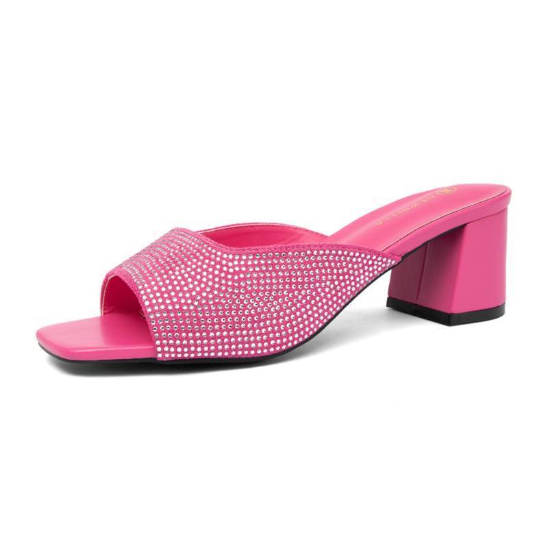 lot 33067 image: NEWBELLA Womens Crystal Embellished Sandals - Square Toe Slip-on with Chunky Mid Heel, Comfortable Heeled Mule Slides for Daily Wear & Office, Hot Pink 7.5